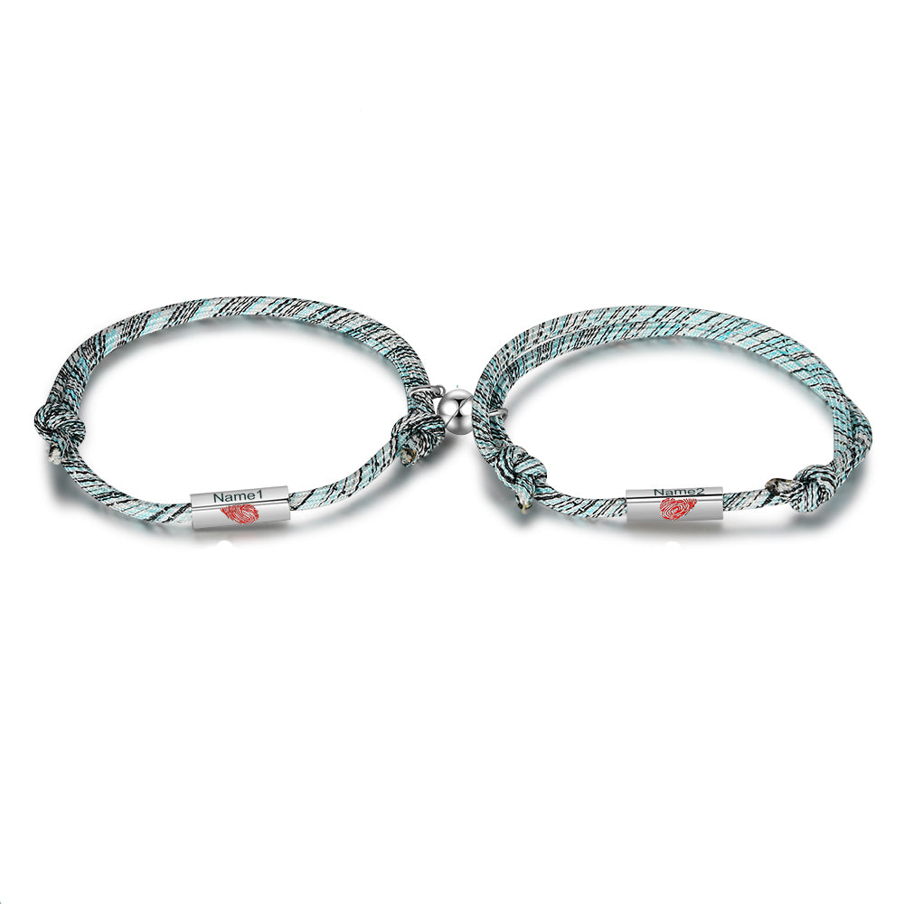 christmas necklace, Couple Bracelet with blue, white, green stripes and silver clasp on white background