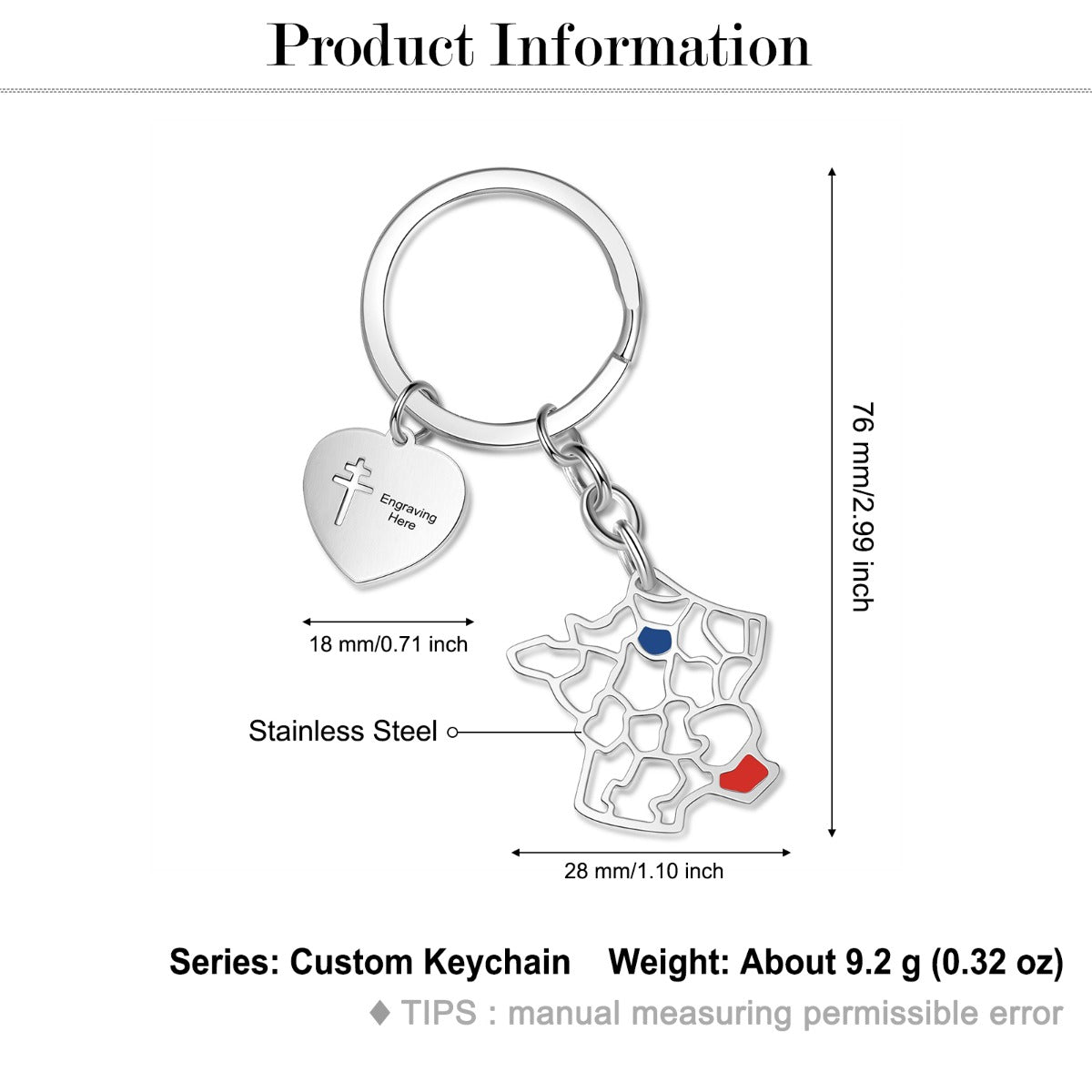 Custom Map Keychain with heart and map-shaped pendants, gifting keychain