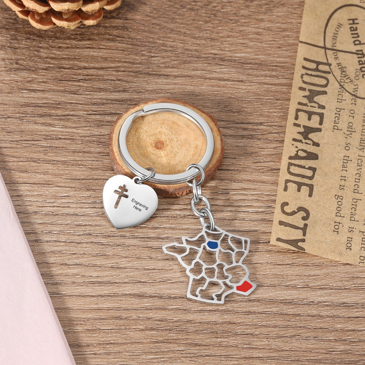 picture into necklace, Custom Map Keychain with heart charm on rustic wooden surface, paper reads HOMEMADE