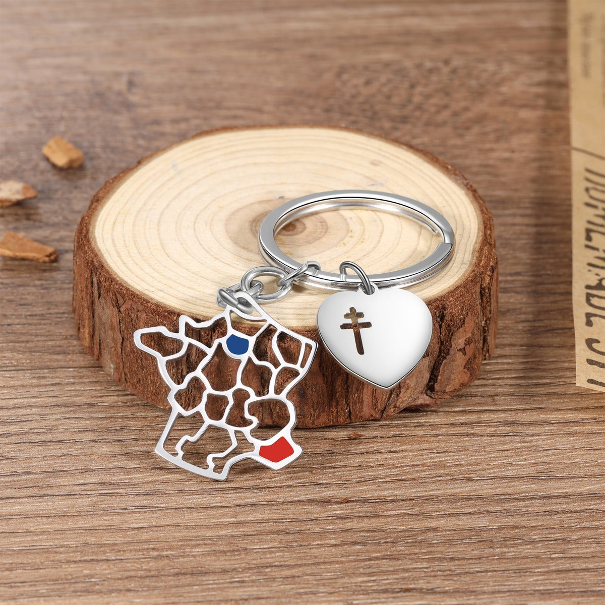 birthdate necklace, Custom Map Keychain with France map and heart charm on wooden surface
