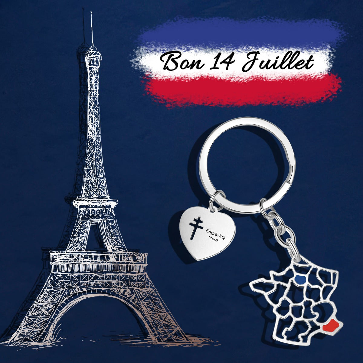 Custom Map Keychain with Eiffel Tower and Bastille Day theme, picture necklace included.