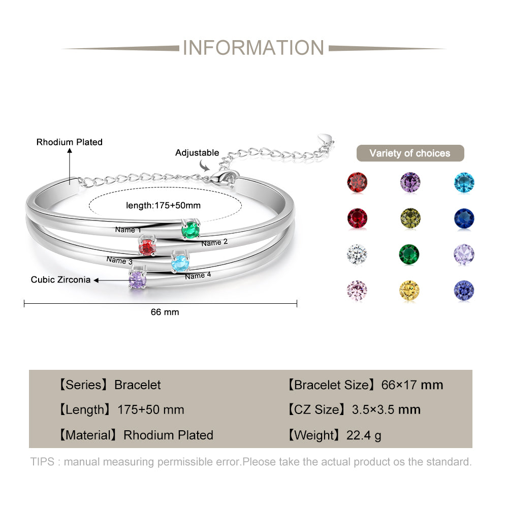 Rhodium plated birthstone bangle bracelet with personalized name and photo options