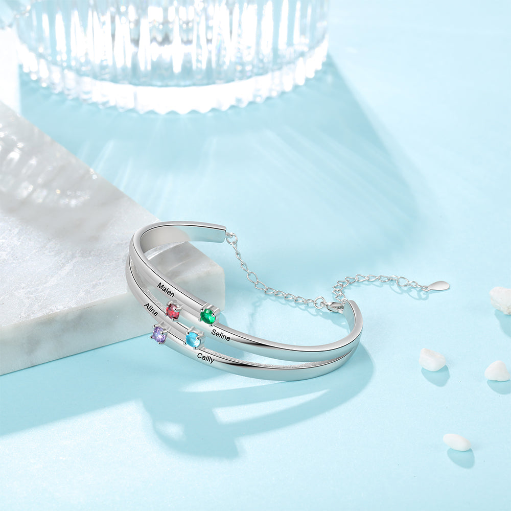 Rhodium plated birthstone bangle bracelet with personalized name and photo options