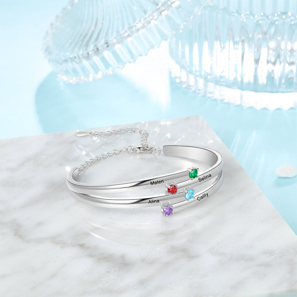Rhodium plated birthstone bangle bracelet with personalized name and photo options