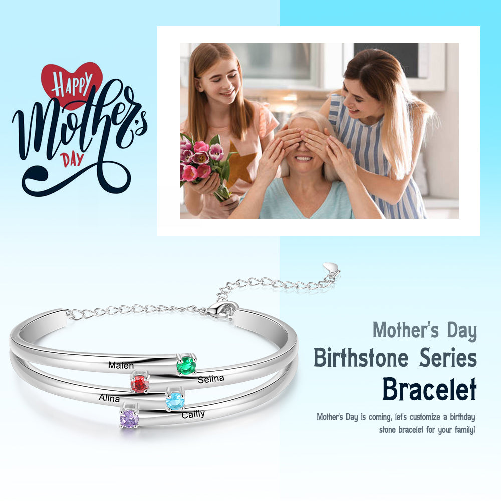 Rhodium plated birthstone bangle bracelet with personalized name and photo options