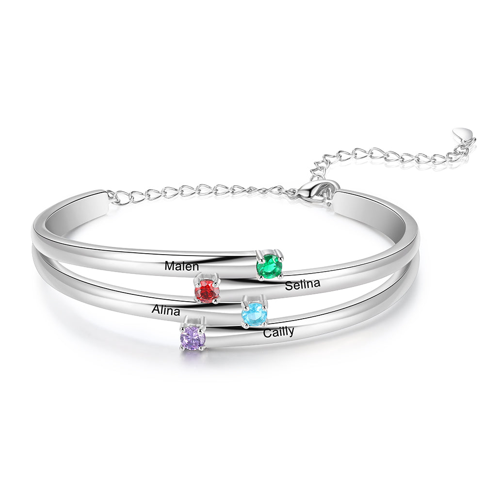 Rhodium plated birthstone bangle bracelet with personalized name and photo options