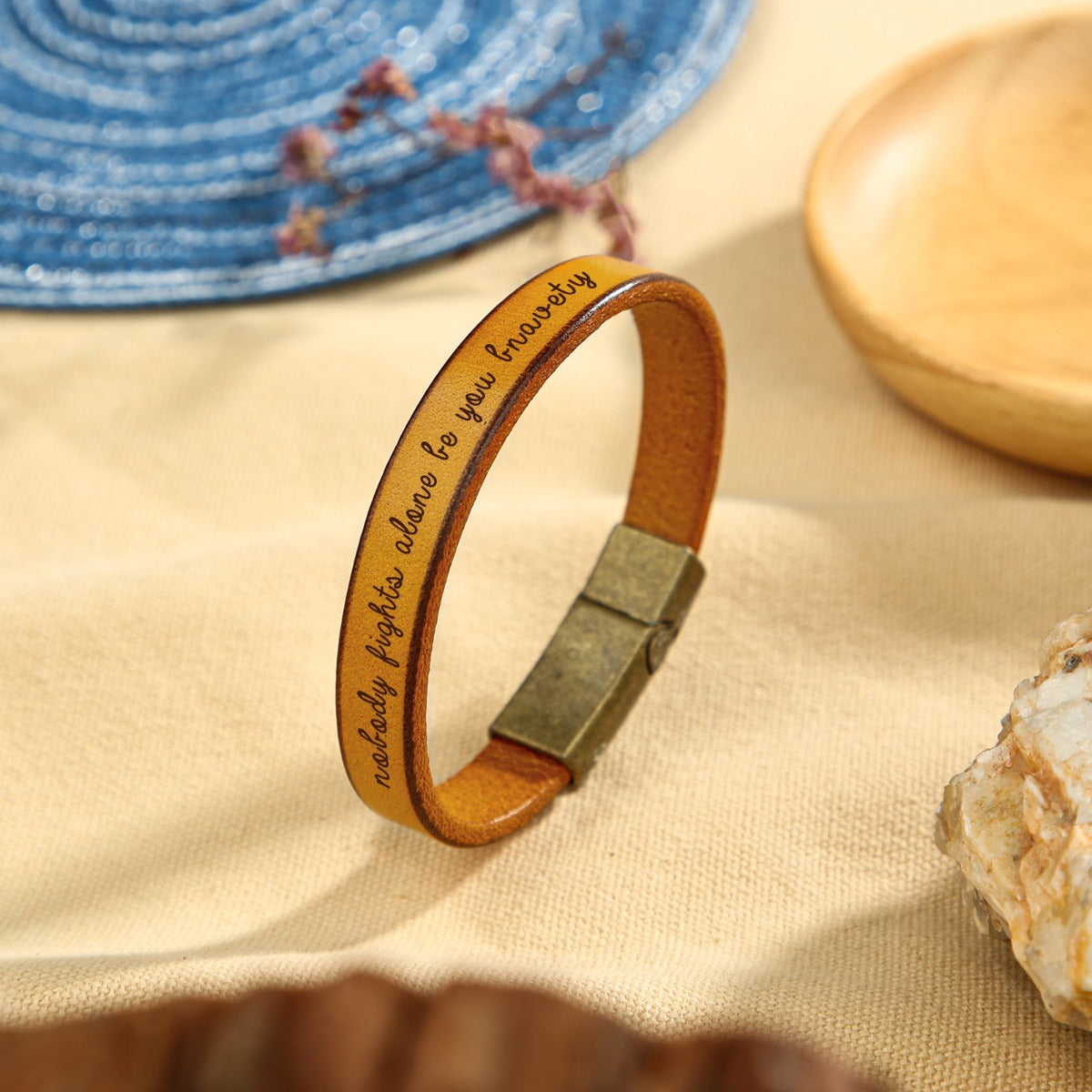 name keychain, Personalized bracelet with "Nobody fights alone" inscription on brown leather