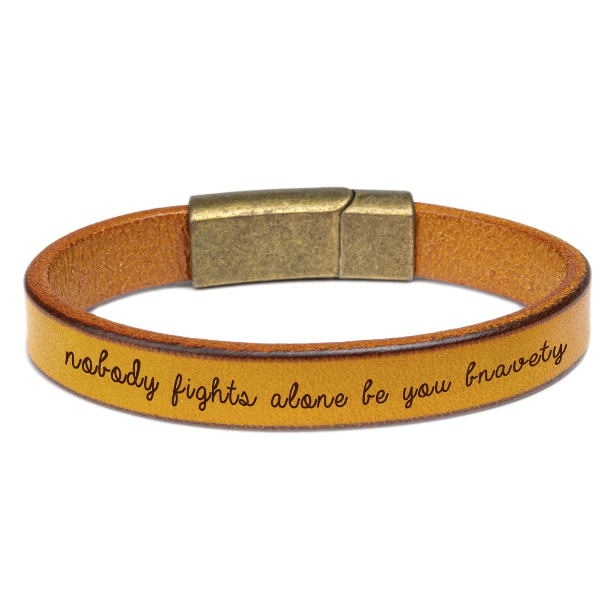 earrings with names, Personalized Bracelet with "Nobody Fights Alone" engraving on brown leather strap.