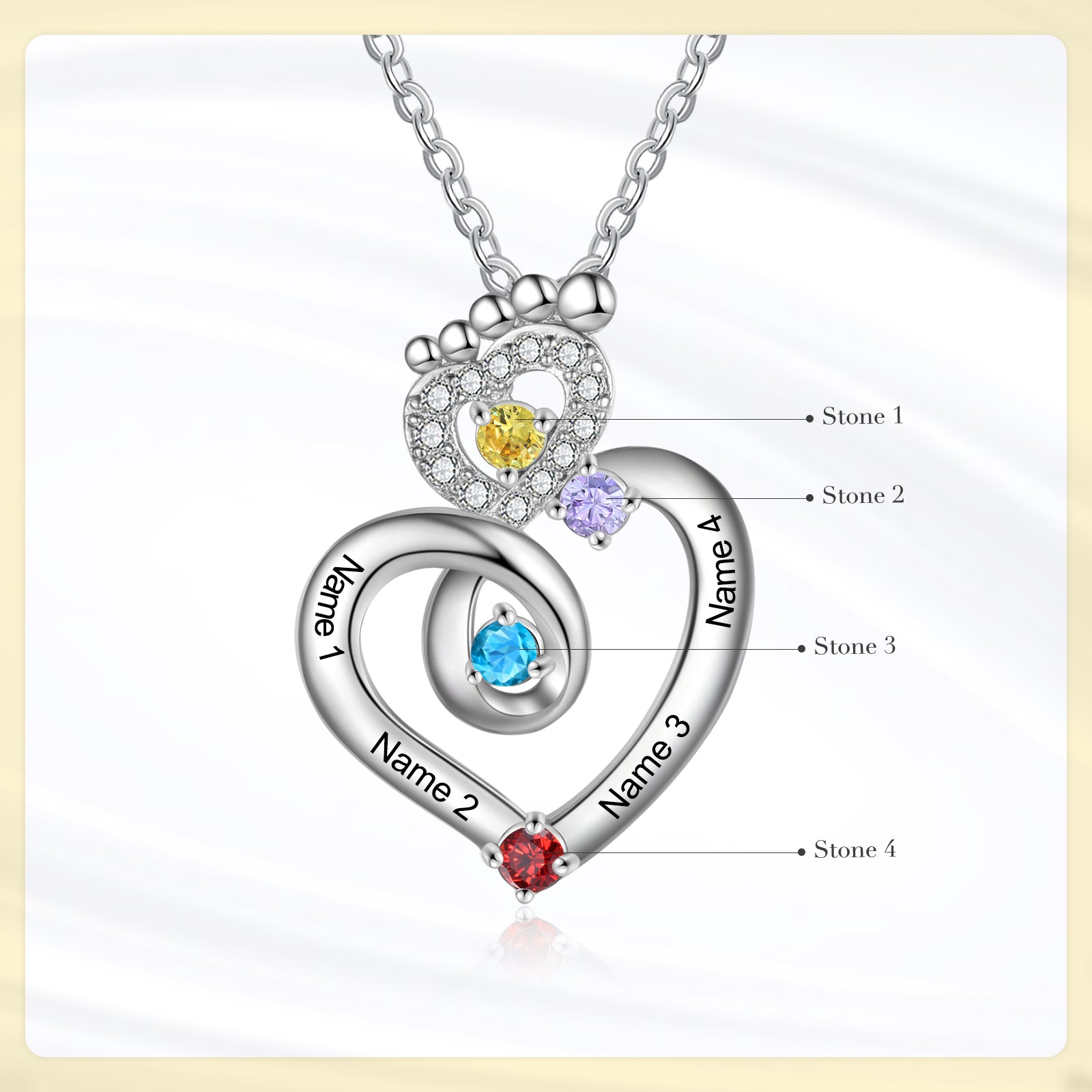 photo necklace, personalized heart necklace with colorful gemstones on a silver chain