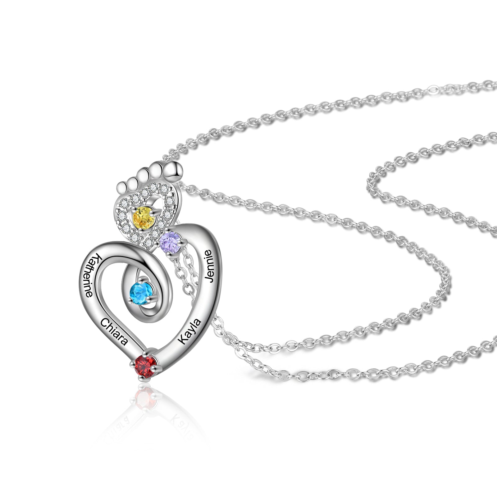 Personalized heart necklace with colorful gemstones and names on silver pendant
