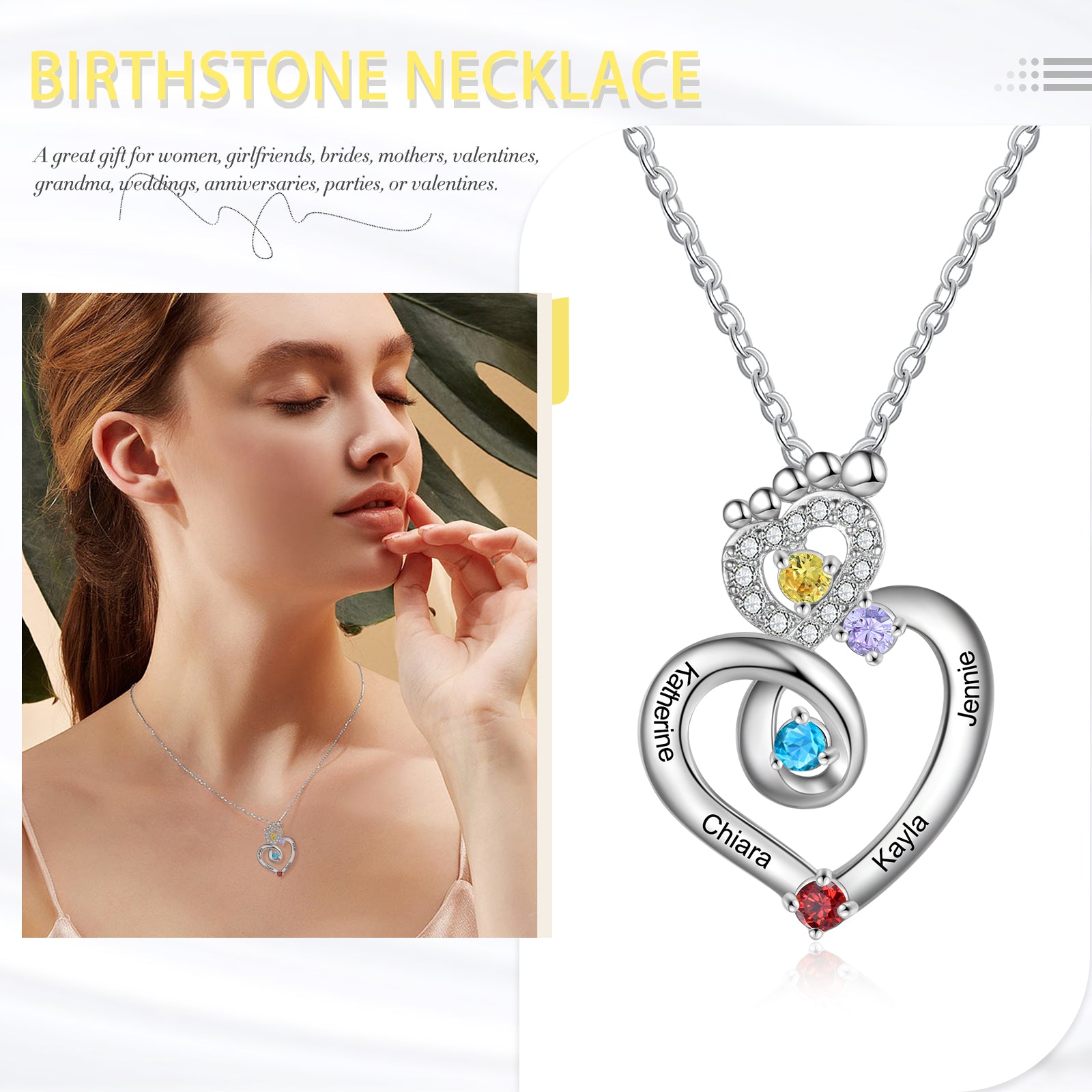 photo ring, Silver necklace with heart pendant, engraved names, four birthstones; personalized jewelry.
