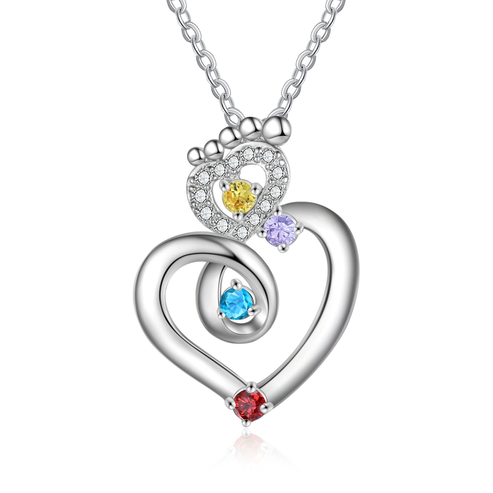 birthday necklace, Silver personalized necklace with heart-shaped pendant and colorful gemstones