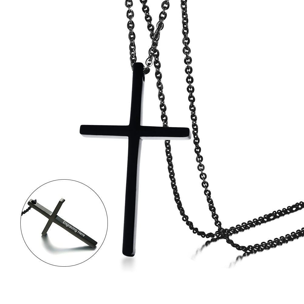 Custom Cross Necklace with engraving on black pendant, white background contrast