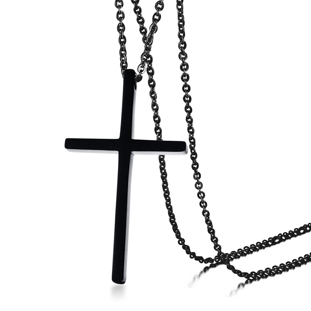 Black Custom Cross Necklace on chain against white background.