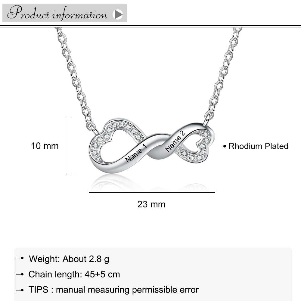 Silver infinity heart necklace with interlocking personalized hearts names.