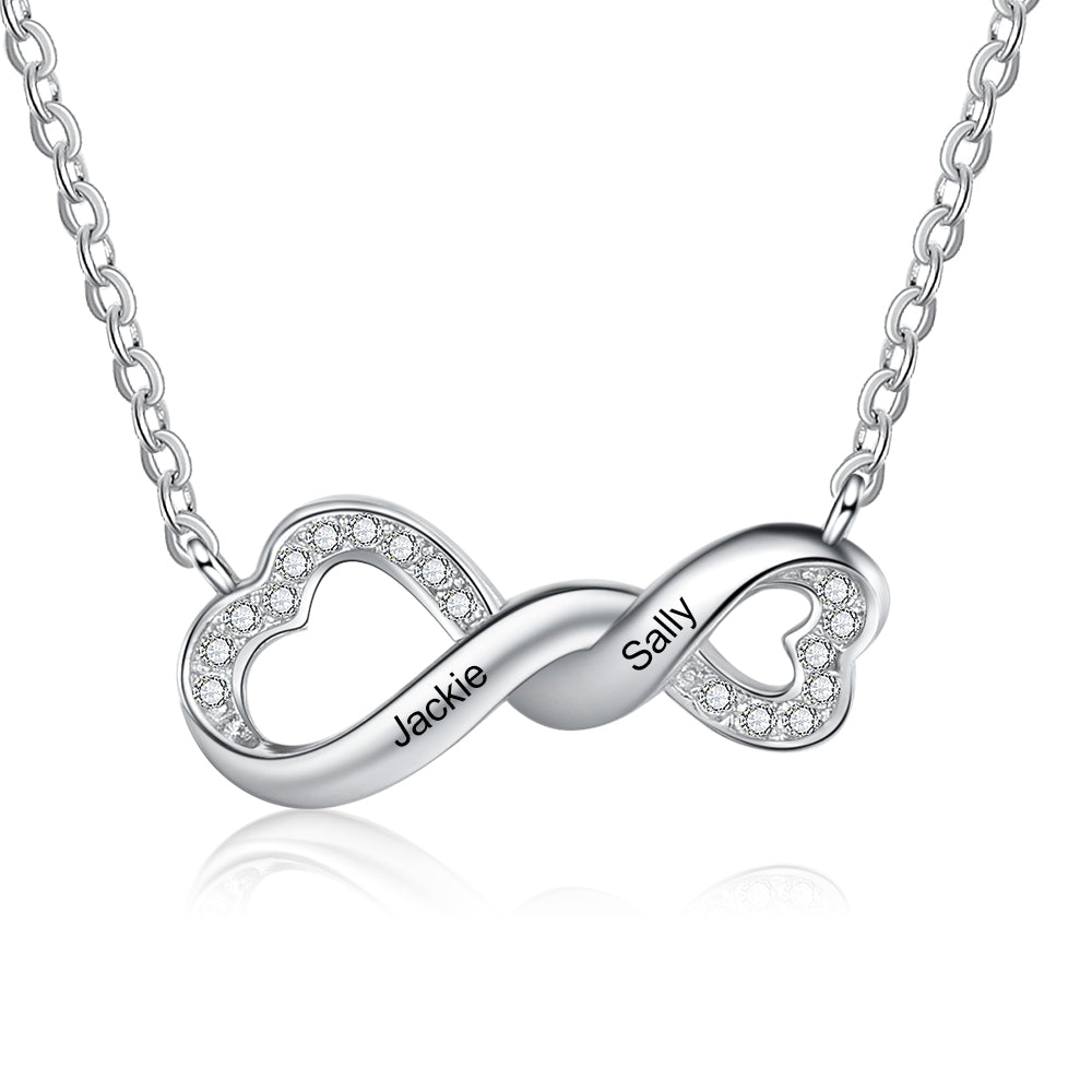 photo ring, Silver infinity necklace with custom hearts for Jackie and Sally, adorned with crystals