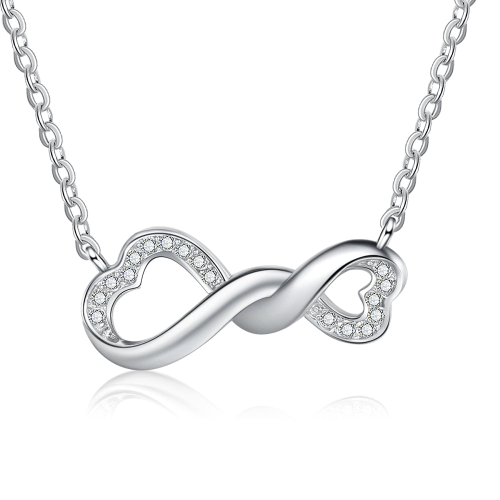 picture necklace, Silver infinity personalized necklace with gemstones on a stark white background