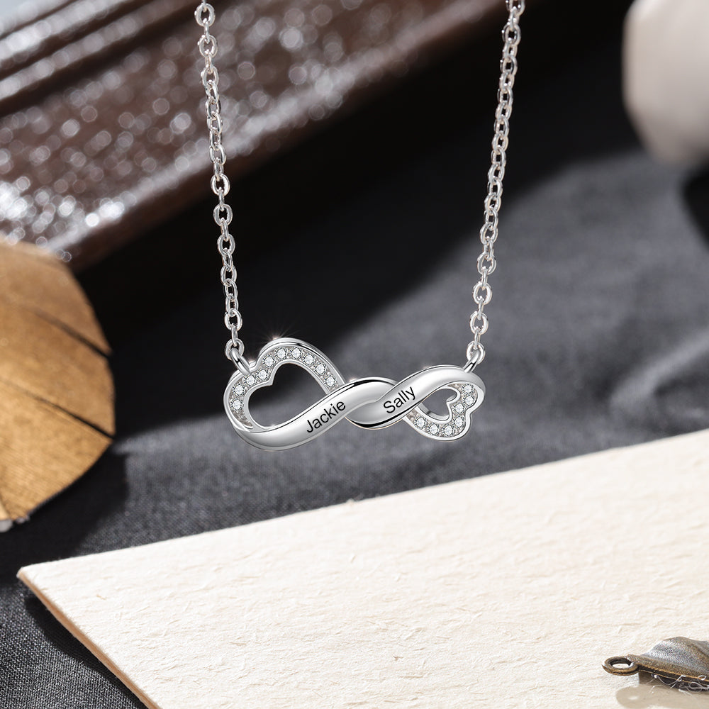 picture necklace, Silver heart necklace with personalized names Jackie and Sally on infinity pendant