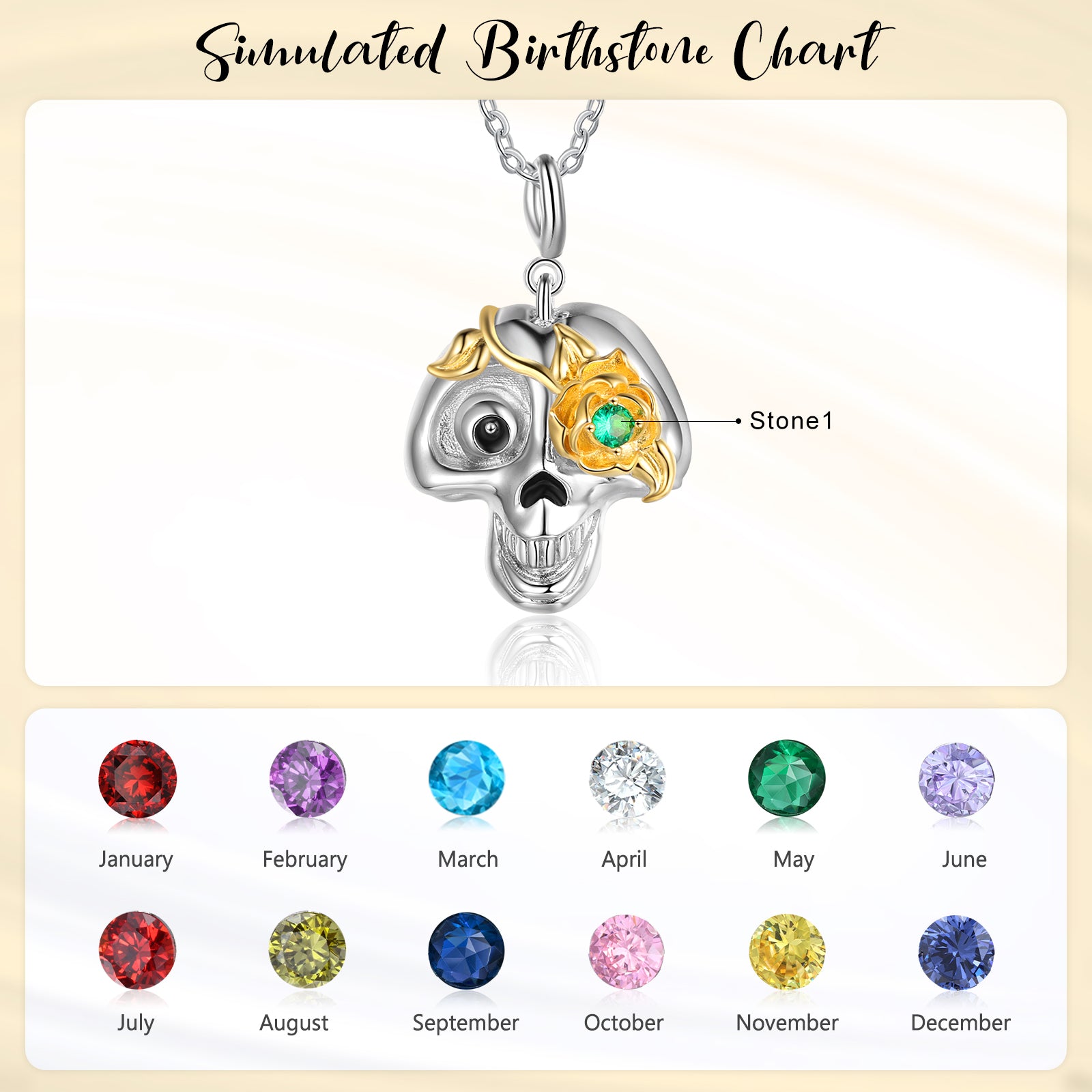 Halloween Birthstone Daisy Skull Pendant Necklace