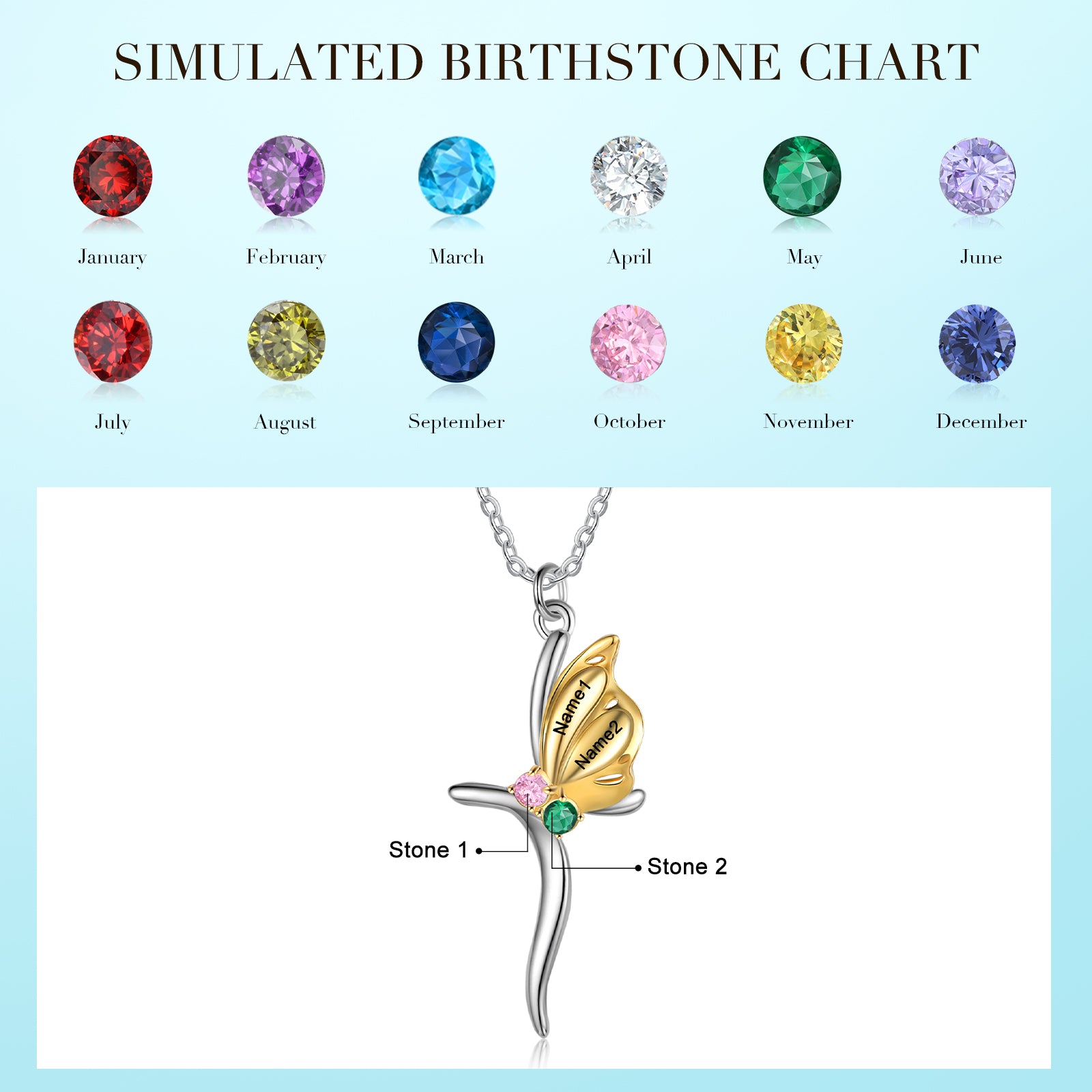 birthstone keychain, Birthstone chart with silver cross pendant featuring garnet and amethyst stones