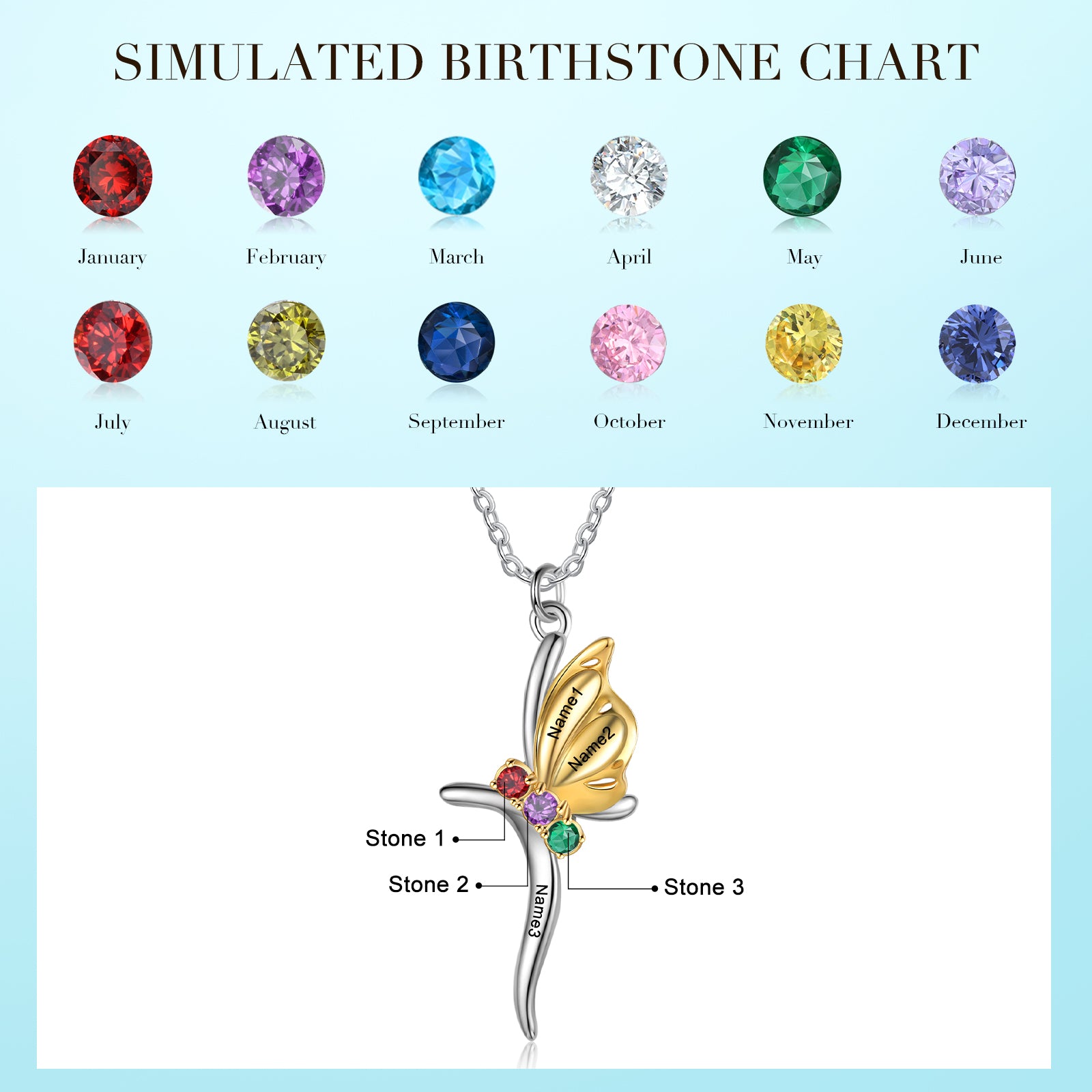 Photo ring with butterfly necklace, birthstone chart, silver pendant, vibrant stones