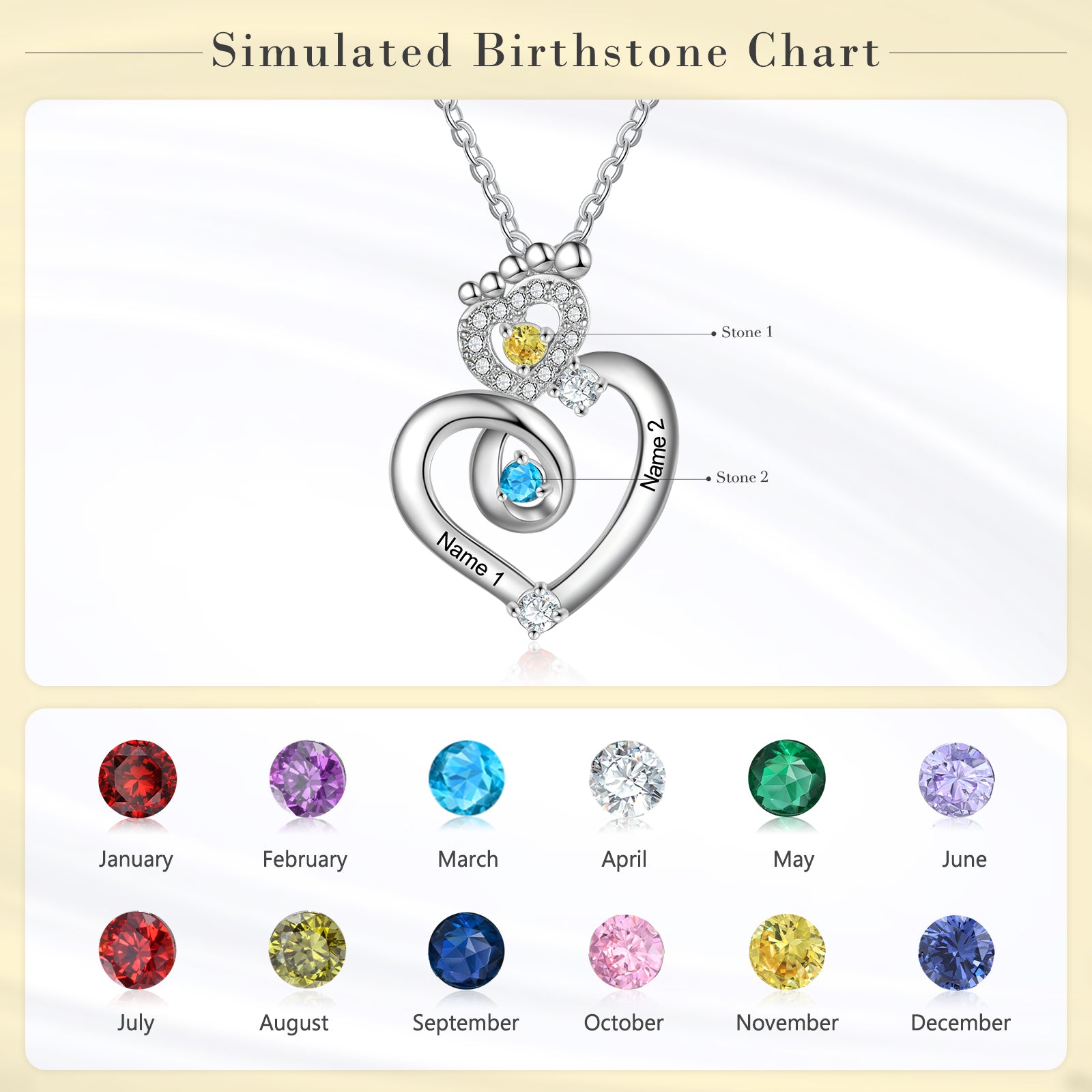 earring style, Heart necklace with birthstone chart featuring colorful gemstones by month.