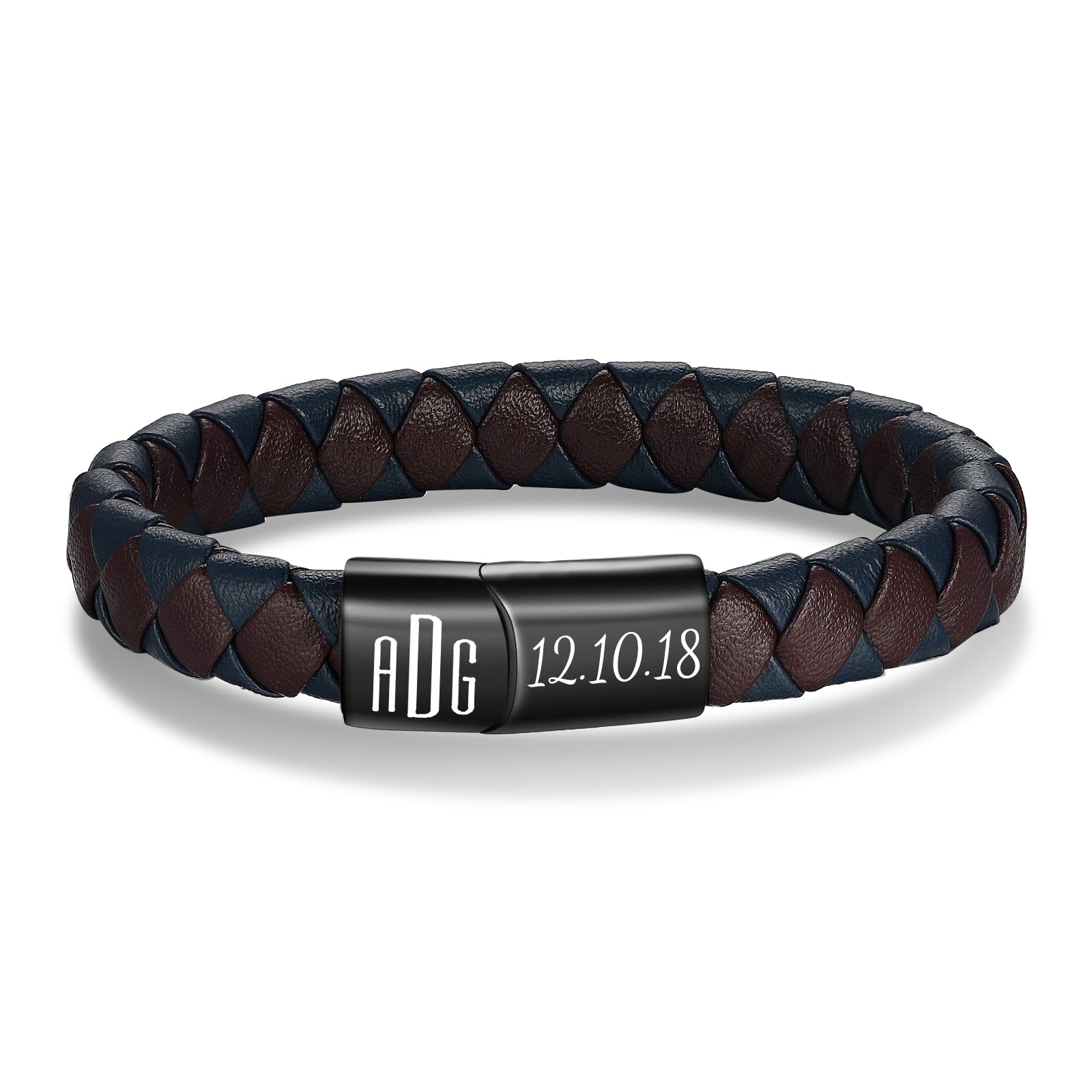 earring style, Personalized men's leather bracelet with initials ADG and date 12.10.18 on clasp