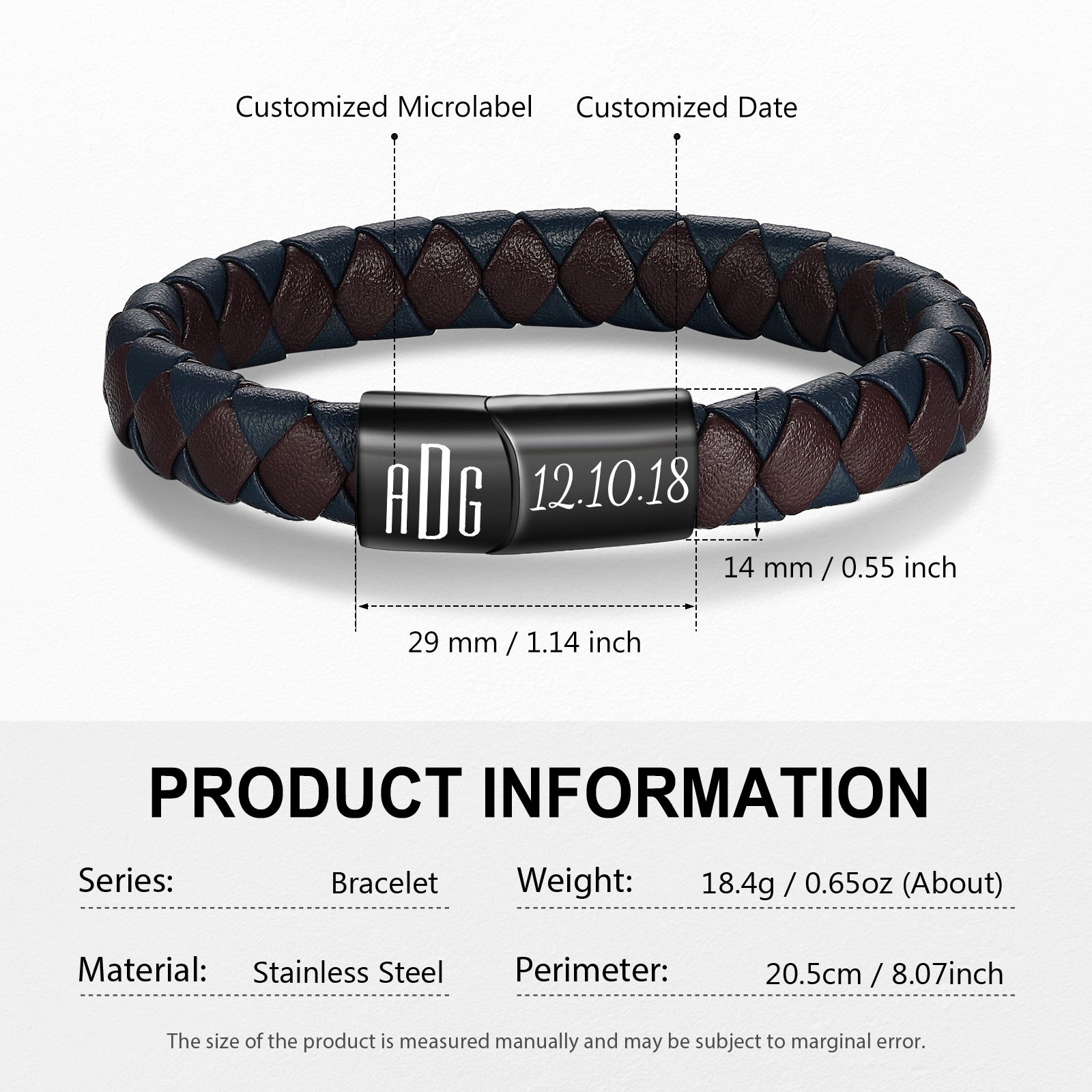christmas necklace, Men's leather bracelet, braided black clasp, stainless steel, 20.5cm, 18.4g