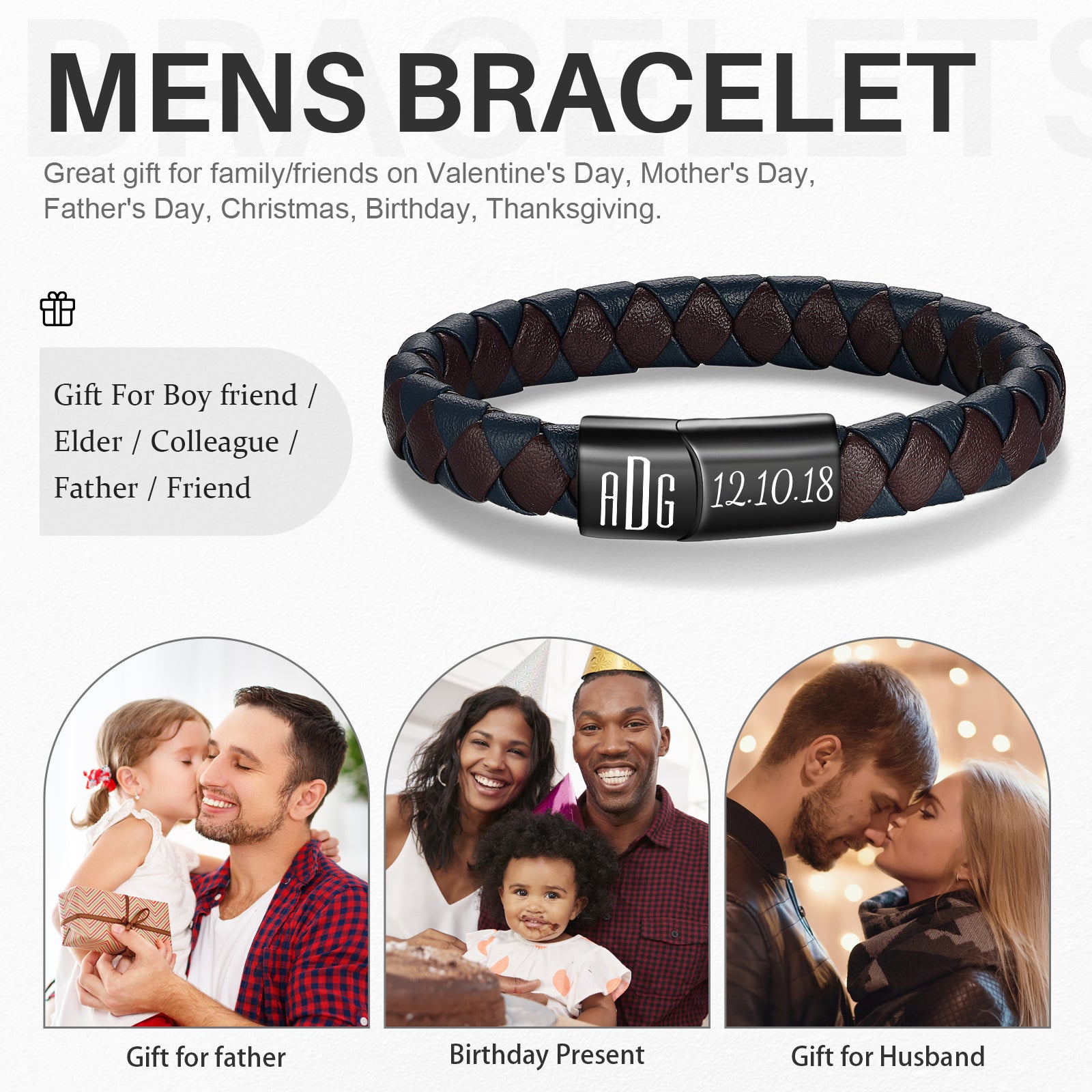 birthdate necklace, Men's leather bracelet with ADG engraved black clasp, perfect for gifting occasions
