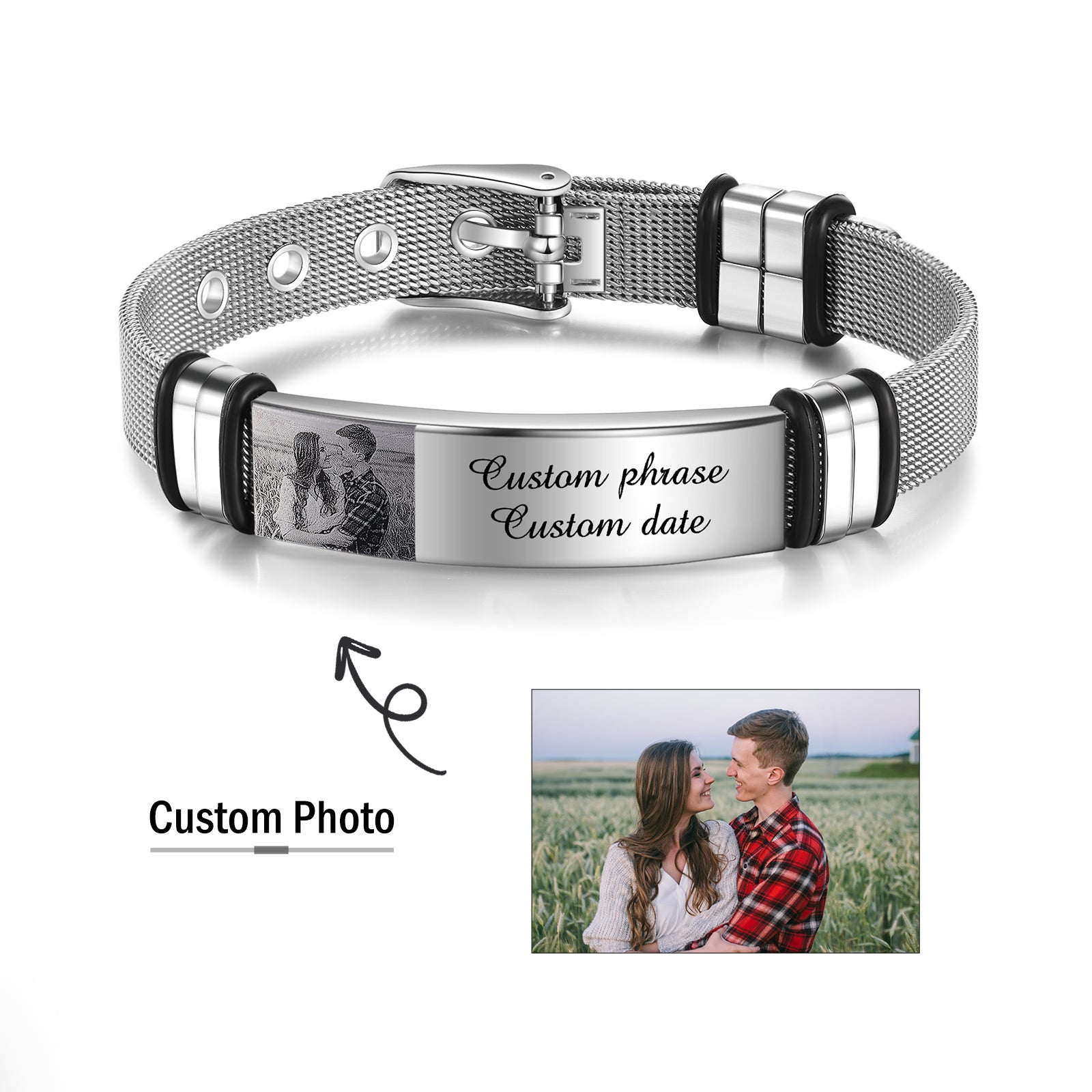 silver photo bracelet with customizable engraving, black strap, picture necklace