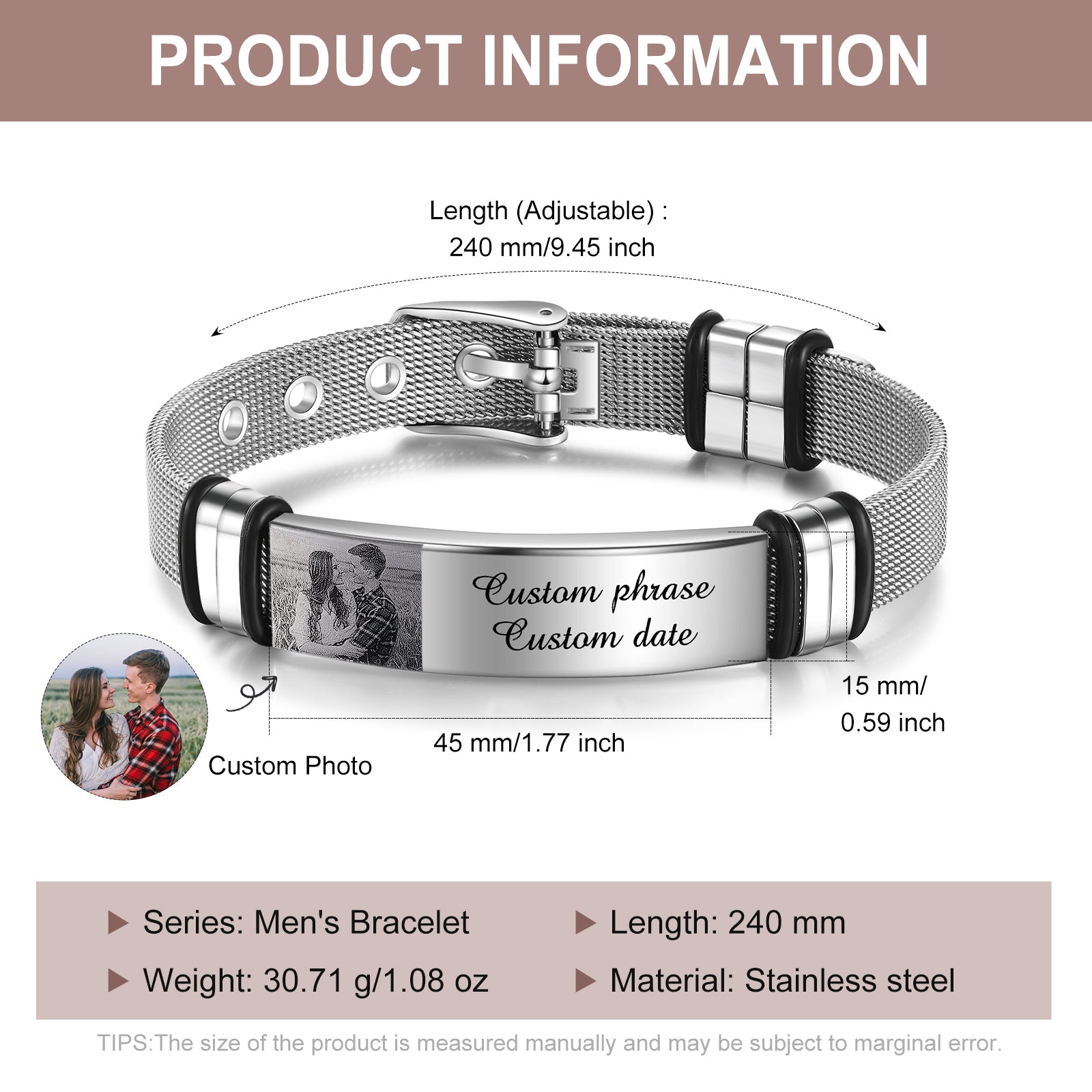 christmas keychain, Personalized Photo Bracelet with couple's custom image, stainless steel, adjustable