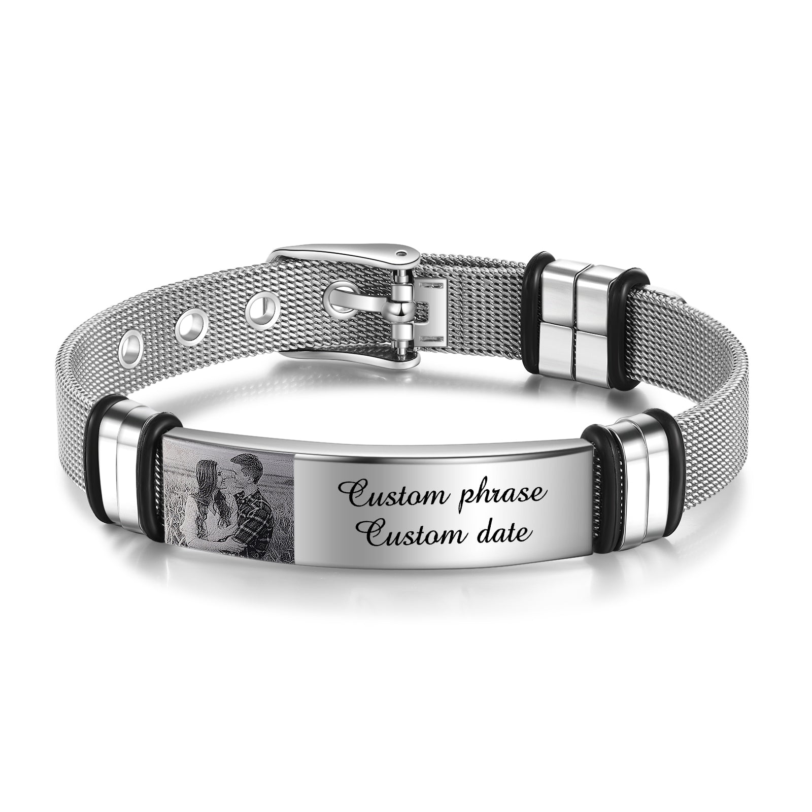 heart photo necklace, Silver photo bracelet with couple's image and black strap, silver frame detail