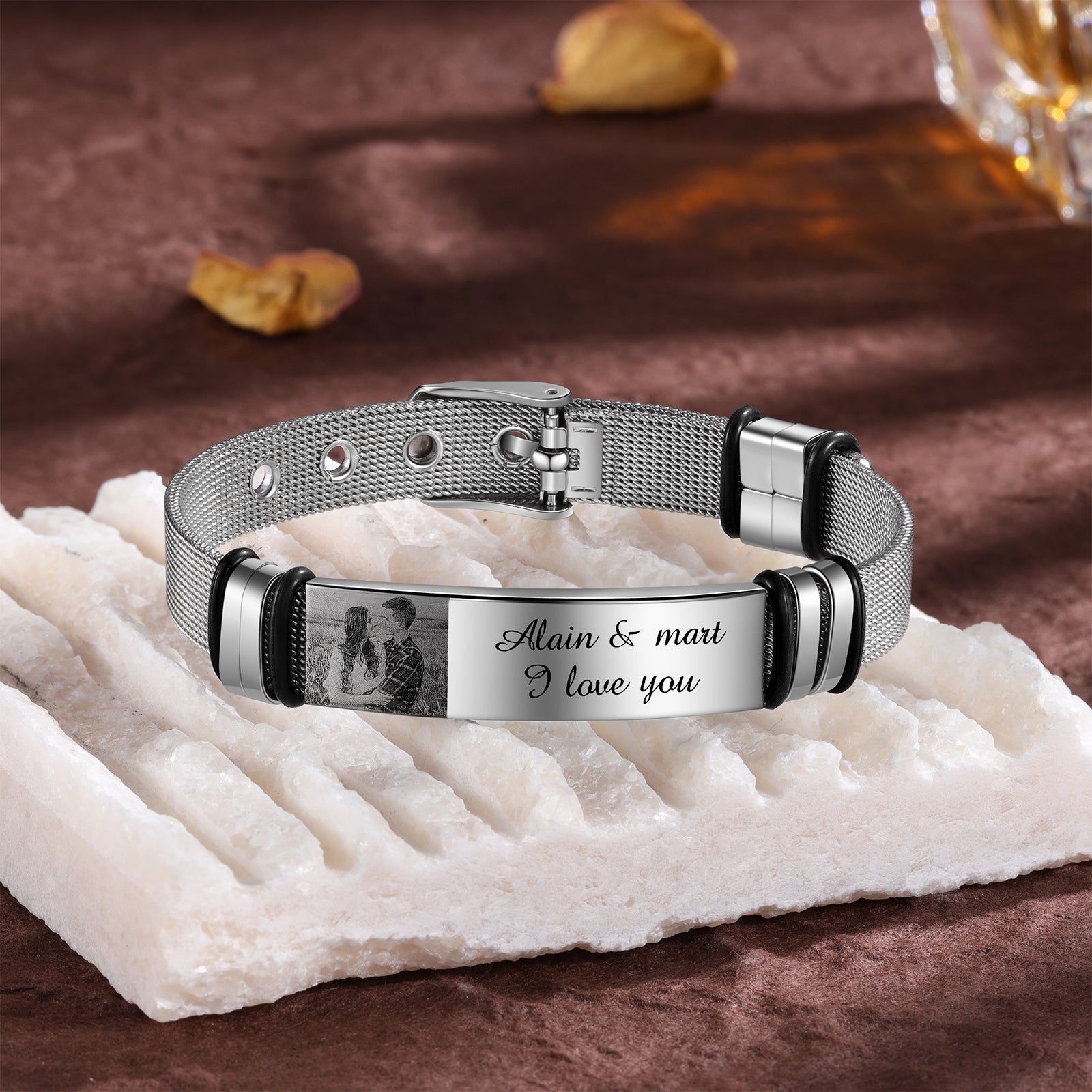 picture into necklace, Silver photo bracelet on white stone with "Alain & Mart I love you" inscription