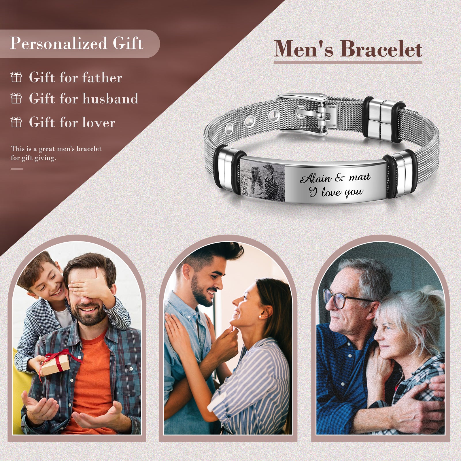 jewelry earrings, Men's personalized bracelet; thoughtful gift with engraved photo and text