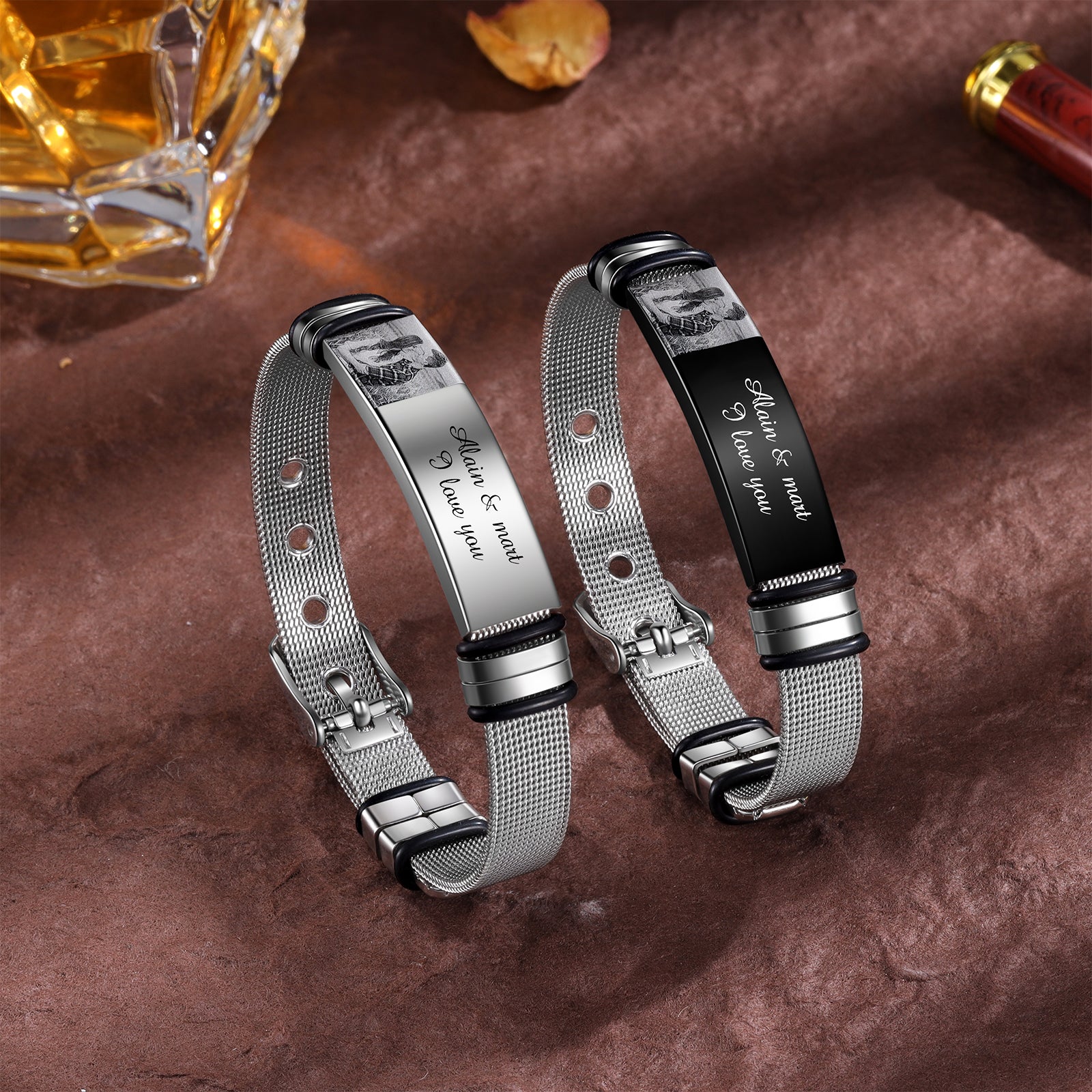 christmas necklace, Silver and black Photo Bracelet with love inscriptions on a textured surface