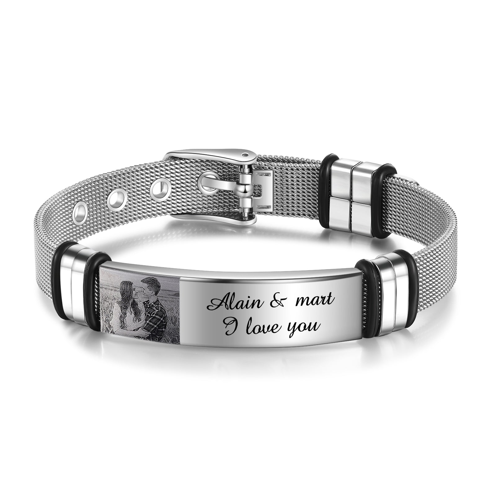 necklace with photo inside, Personalized jewelry bracelet with photo, "Alain & Mart I love you" inscribed