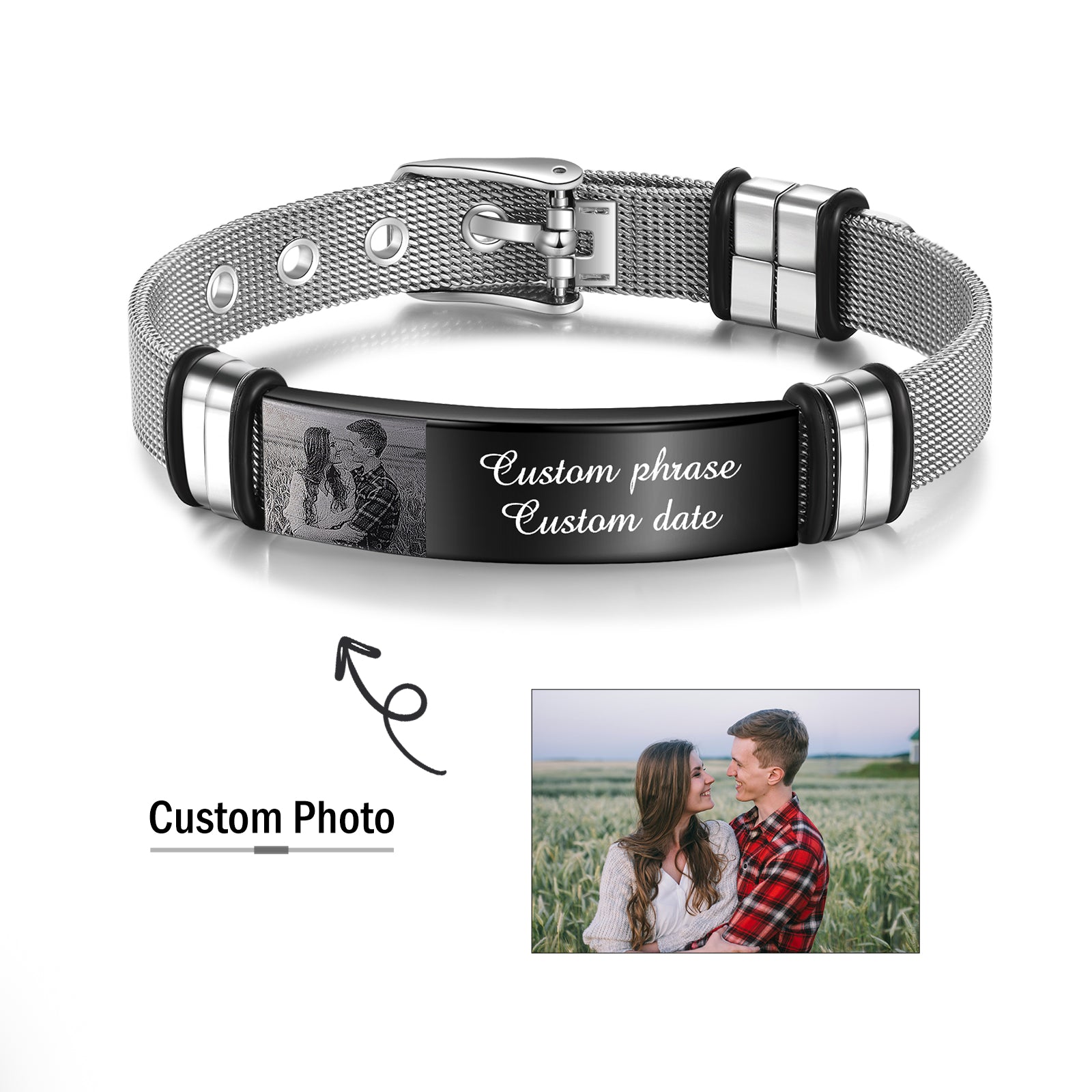 Silver photo bracelet with custom pendant, ideal keychain gifts for romantic occasions.