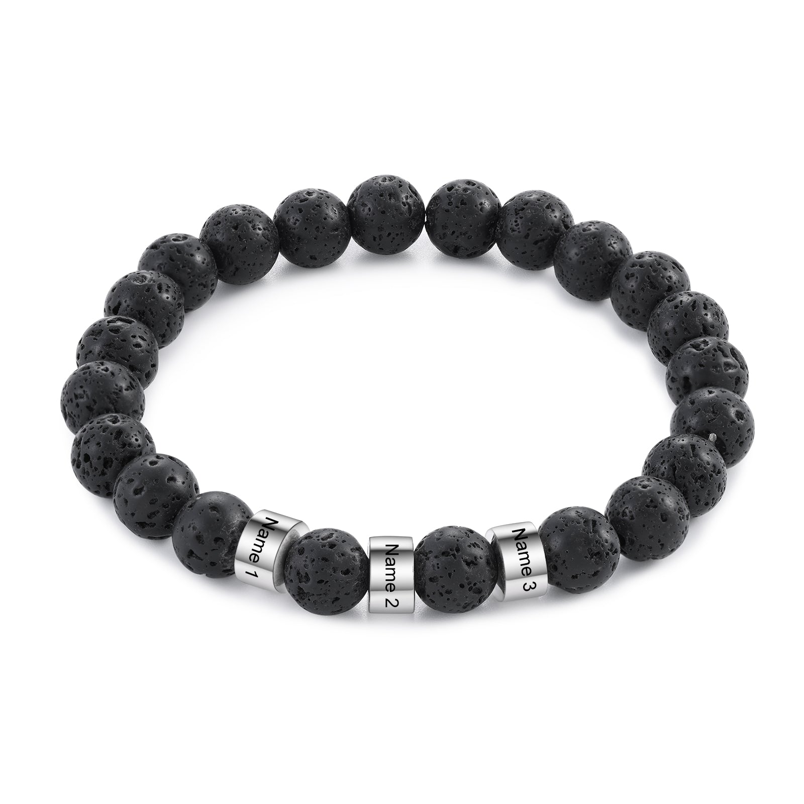 name ring, Black beaded personalized bracelet with silver charms inscribed with names.