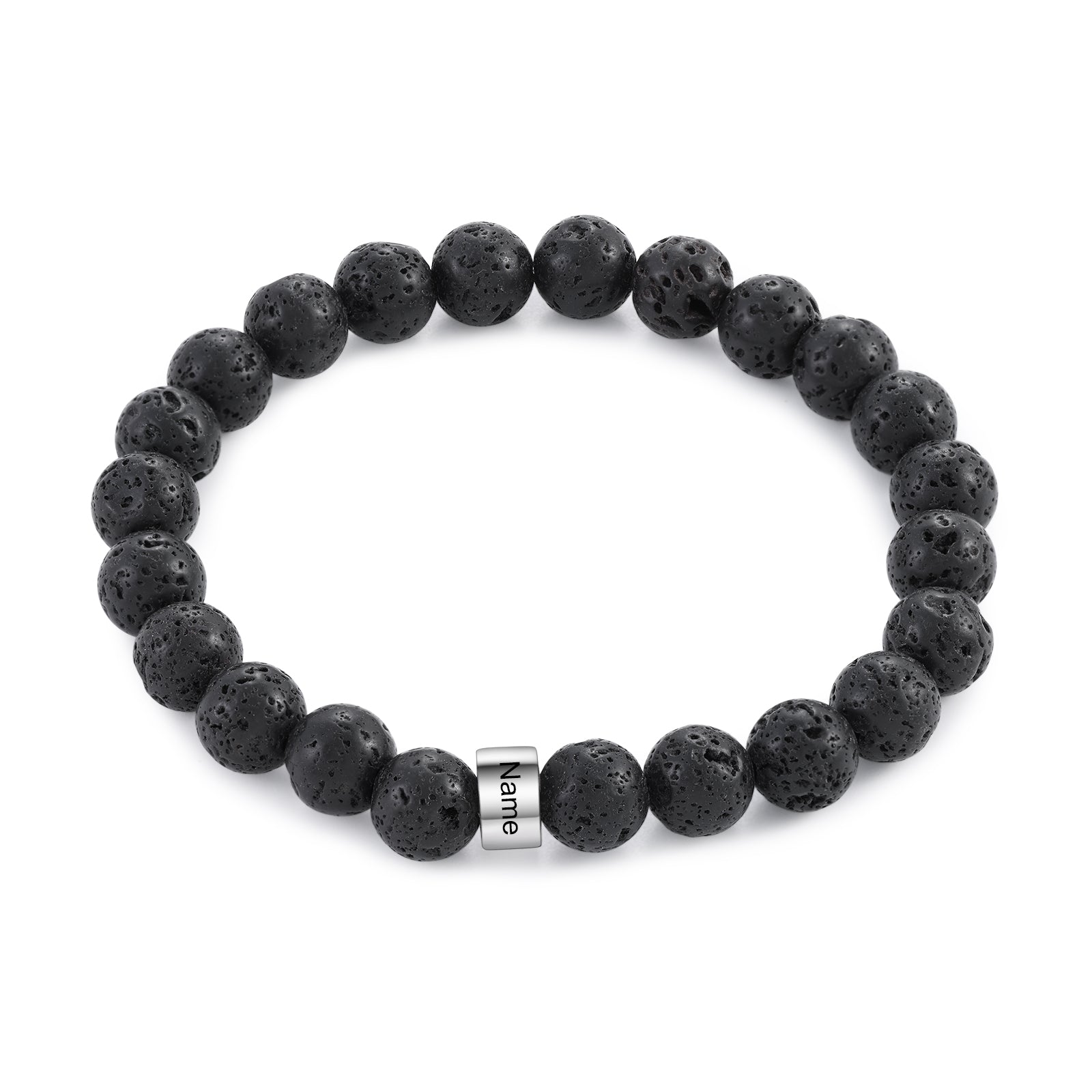 Black bead bracelet with silver bar inscribed "Name", personalized bracelet option