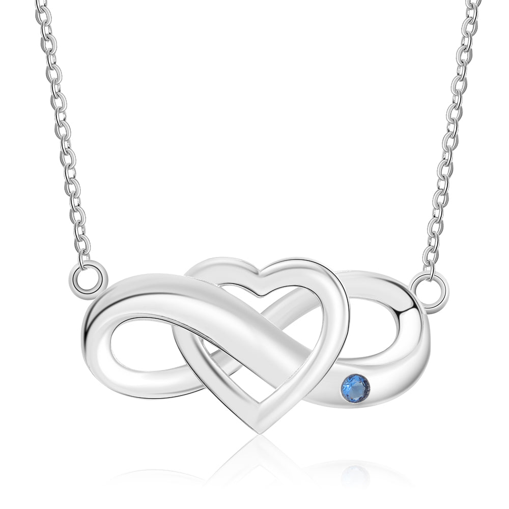 Custom Birthstone Infinity Necklace, silver infinity birthstone necklace with blue gemstone heart pendant