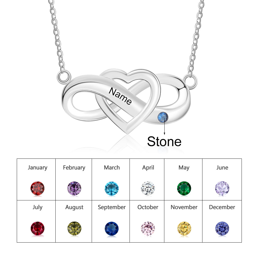Custom Birthstone Infinity Necklace with personalized name and blue gemstone pendant displayed above a birthstone table.