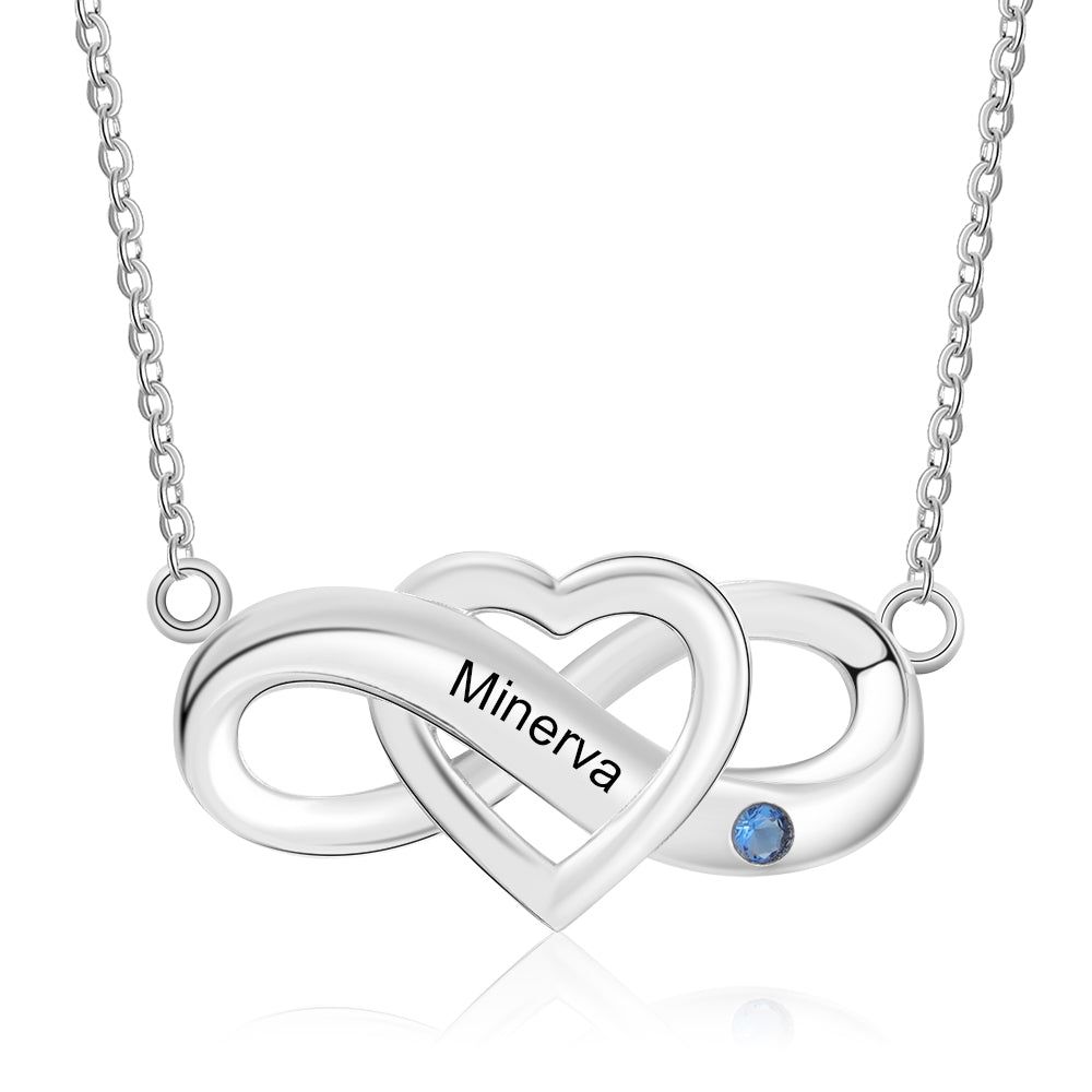 Custom Birthstone Infinity Necklace with a blue gemstone and "Minerva" engraving