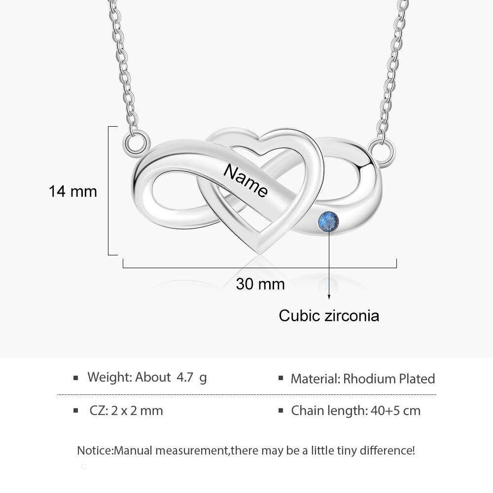 Custom Birthstone Infinity Necklace with a heart-shaped pendant and blue gemstone.