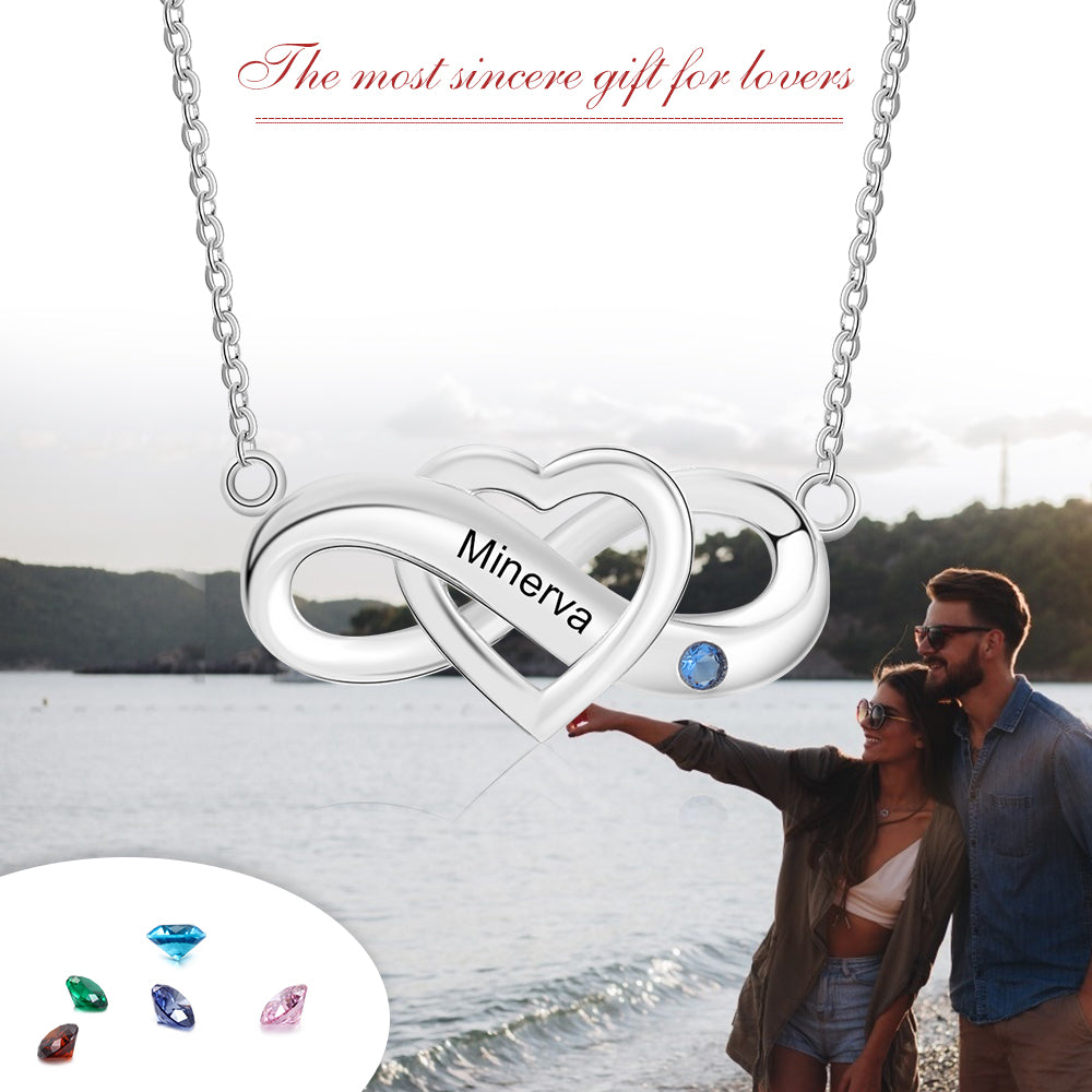 Custom Birthstone Infinity Necklace with blue gemstone, perfect romantic gift by Minerva.