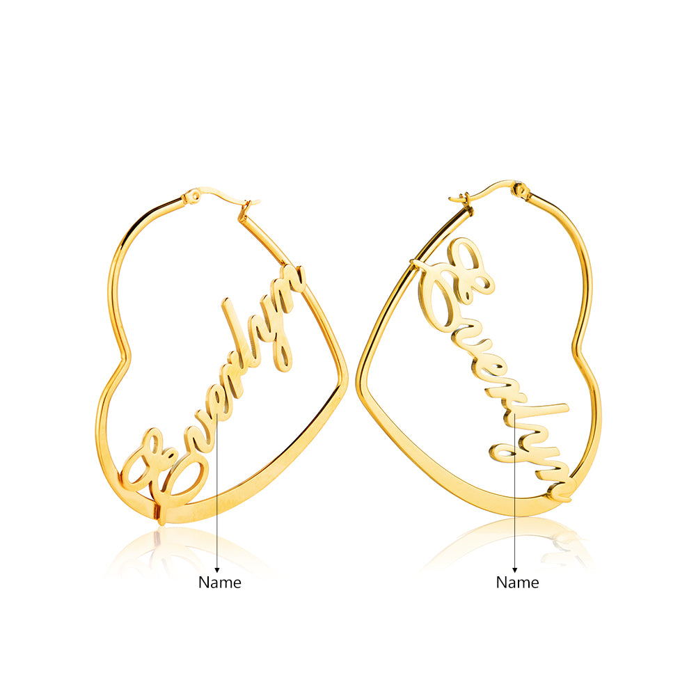name ring, Gold heart-shaped hoop earrings with name inscriptions on white background