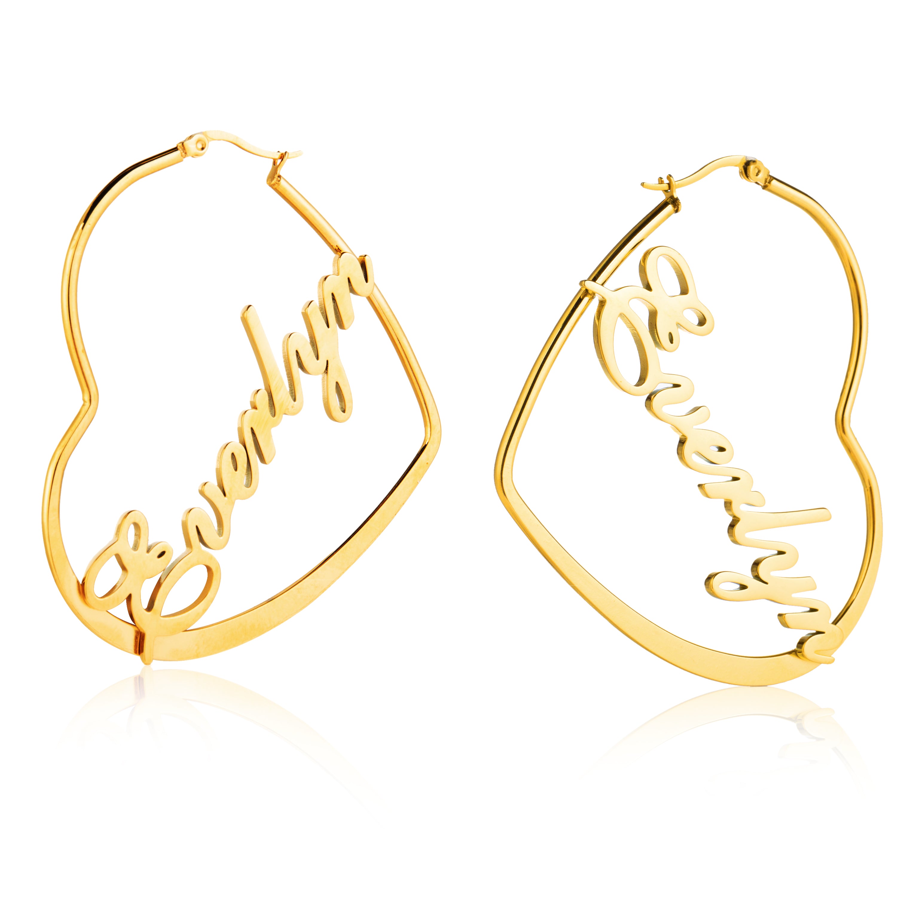 earrings gift, Gold heart-shaped hoop earrings with cursive "Everly" as personalized jewelry gift