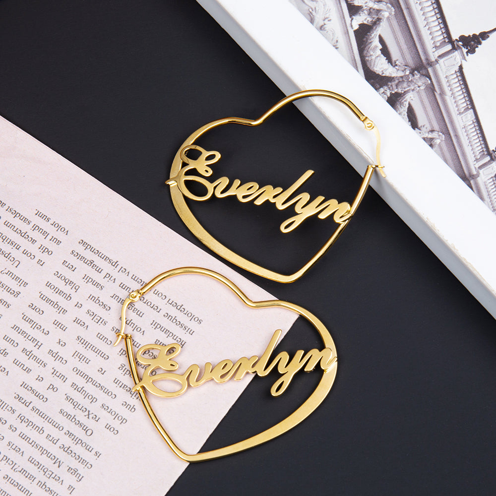 christmas keychain, Gold hoop personalized earrings featuring "Everlyn" on a black background