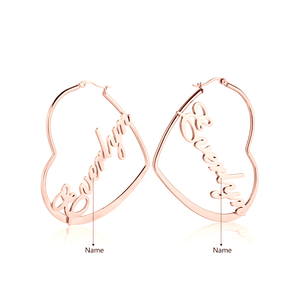 name necklace , Rose gold heart-shaped earrings with personalized inscriptions "Love" and "You"