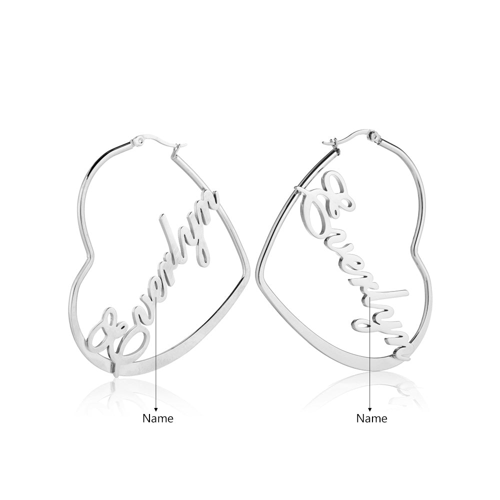 necklace, Silver hoop earrings with personalized hearts, name Everly in cursive script