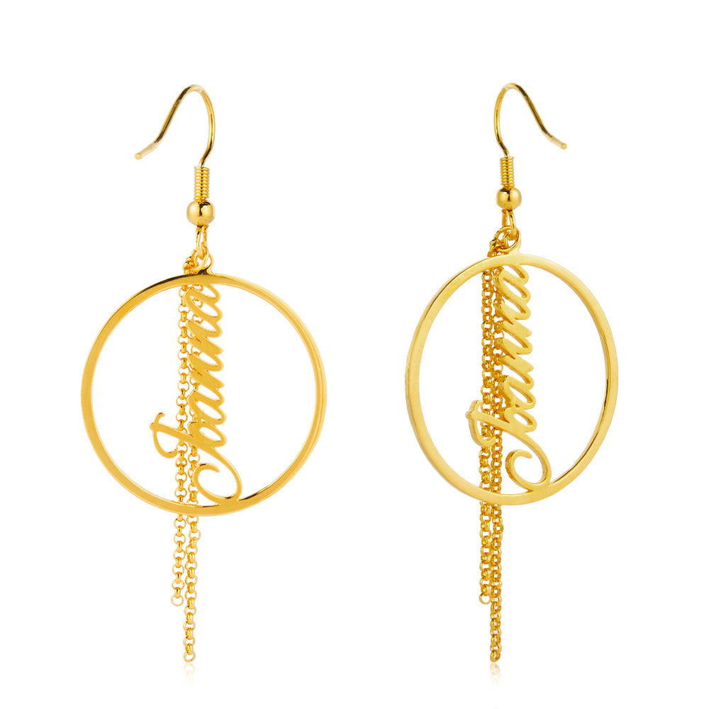 birthdate necklace, Gold hoop earrings with personalized Jasmine chains, elegant design on white background